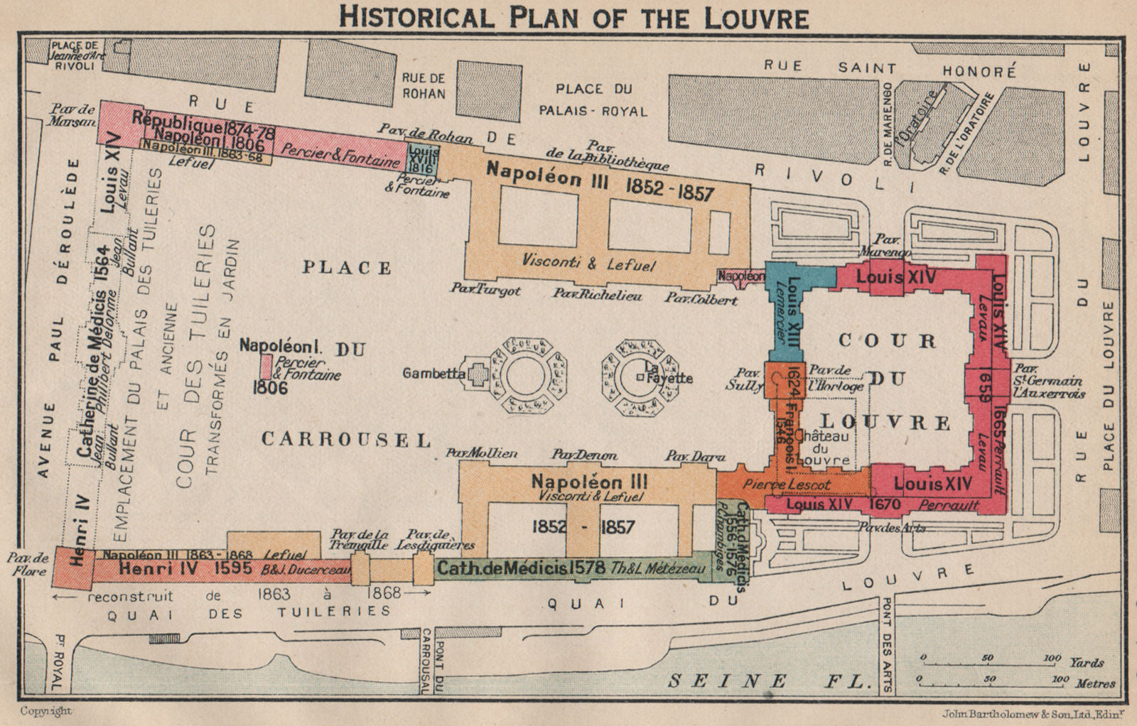LOUVRE. Showing historical development 1578-1878. Vintage map plan. Paris 1922